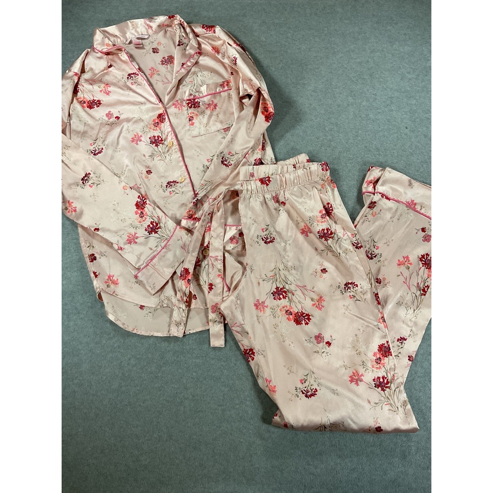 Victoria's Secret Pink Floral Satin Pajama Set S Long Sleeve/Pants 2585